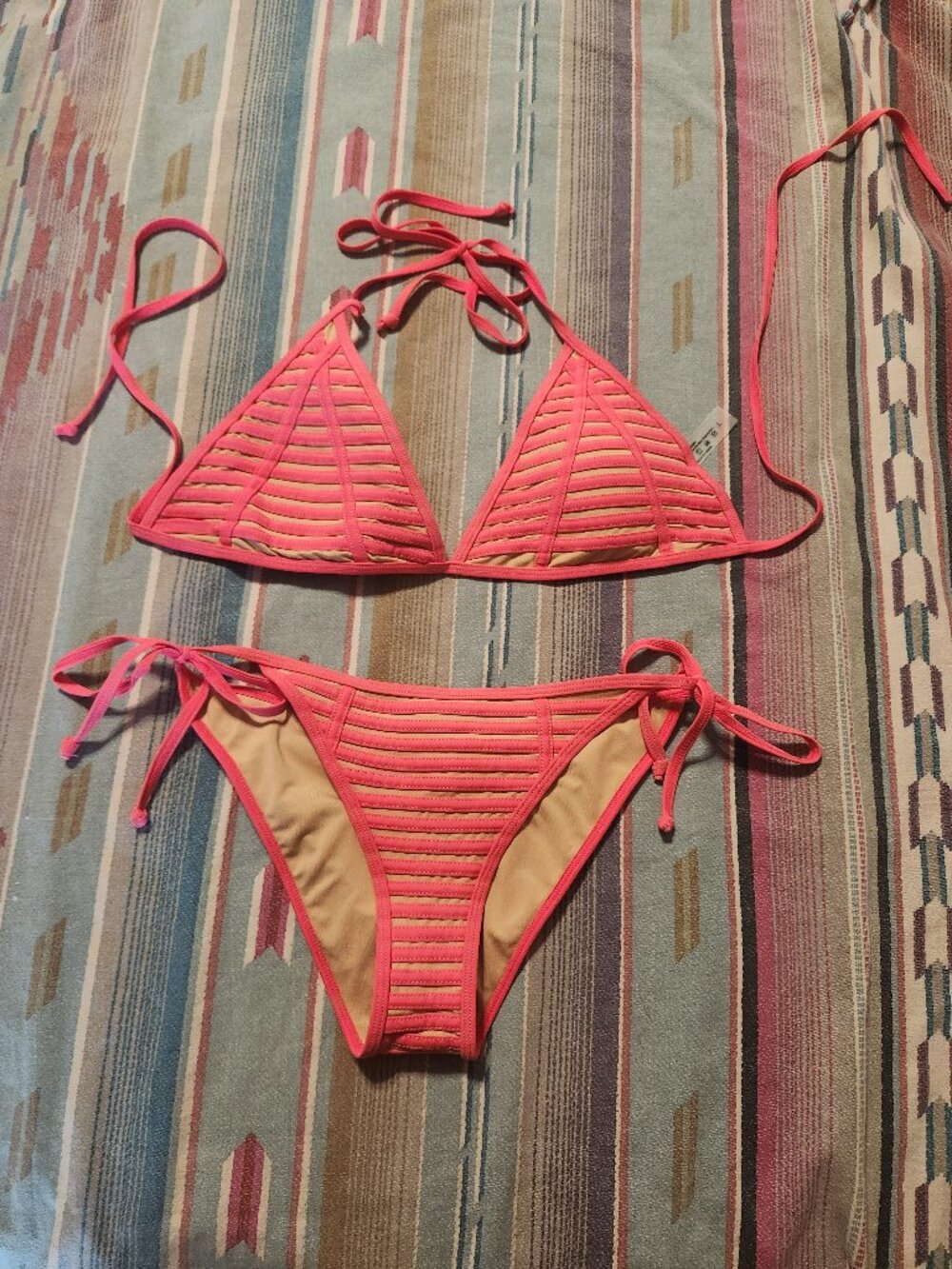 Women's Sexy Nude Colored Bikini with Red Stripes- Size Large